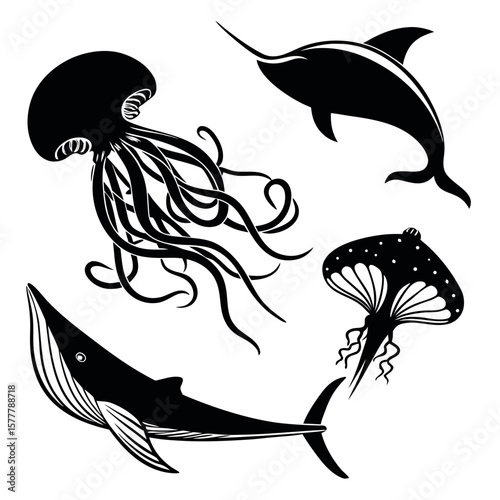 Black silhouettes of marine life sea creatures whale