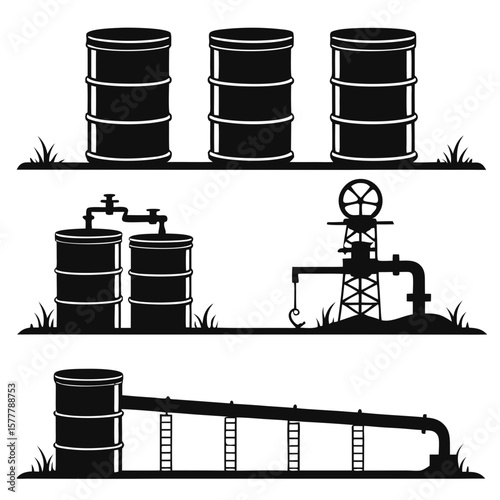Black silhouettes of oil barrels and pipelines industrial