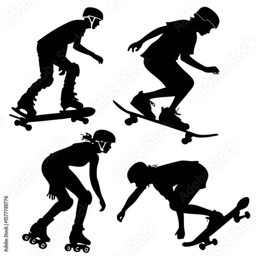 Black silhouettes of people skateboarding and roller skating