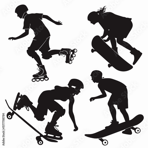 Black silhouettes of people skateboarding and rollerblading