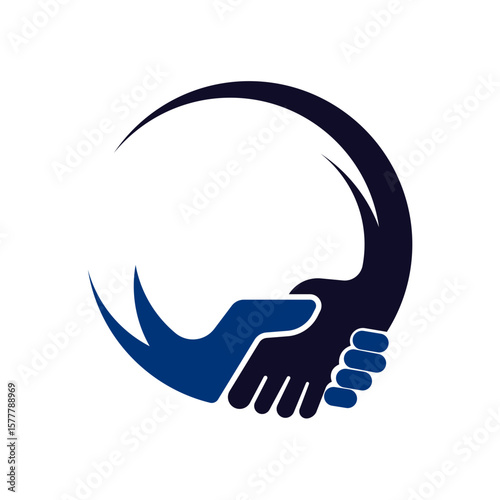 Two hands clasped in a handshake, encircled by a dynamic, curved design, symbolizing partnership and collaboration.