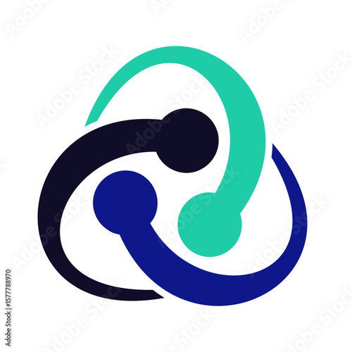 Abstract interconnectedness logo design; three nodes linked in a circular, triangular pattern.