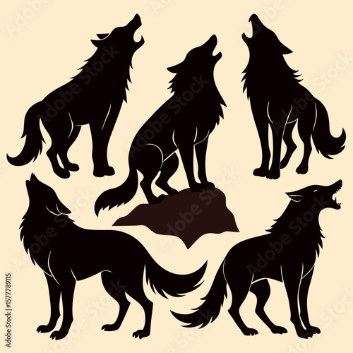Black wolf silhouettes howling in various poses animal