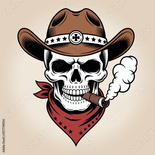 Cowboy Skull Vector Illustration A striking image of a skull wearing a cowboy hat and bandana with a smoking cigar.