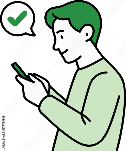 Man using a mobile phone with a green check mark, showing approval concept.