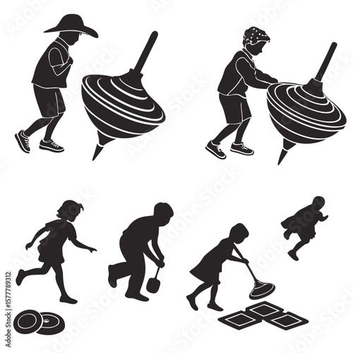 Children playing with spinning tops and toys silhouettes