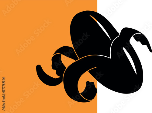 Bold silhouette of a peeled banana against a modern geometric orange and white background