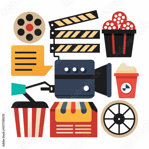 Cinema icons movie reel clapperboard camera popcorn