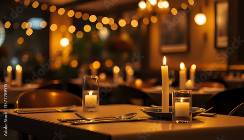Cozy restaurant setting with warm candlelight and inviting table arrangement.A good place for Valentine's dinner invitations or dinner for couple, retro atmosphere