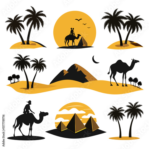 Desert oasis palm trees camel pyramids sunset vector