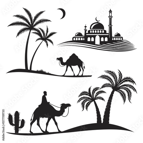 Desert oasis with camels and mosque palm trees