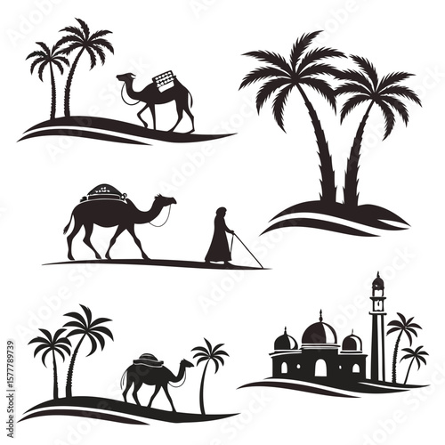Desert oasis palm trees camel caravan mosque vector