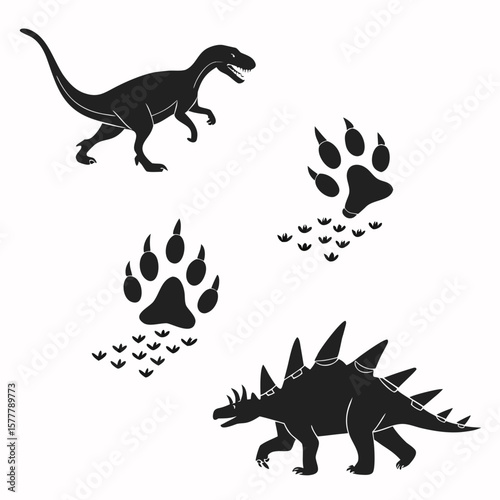 Dinosaur silhouettes and footprints stegosaurus raptor
