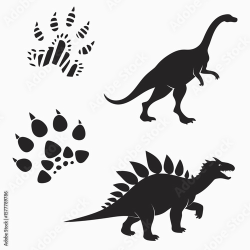 Dinosaur silhouettes and footprints prehistoric ancient