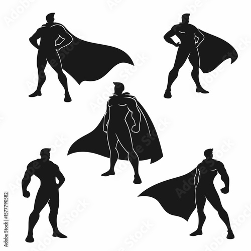Five black superhero silhouettes with flowing capes