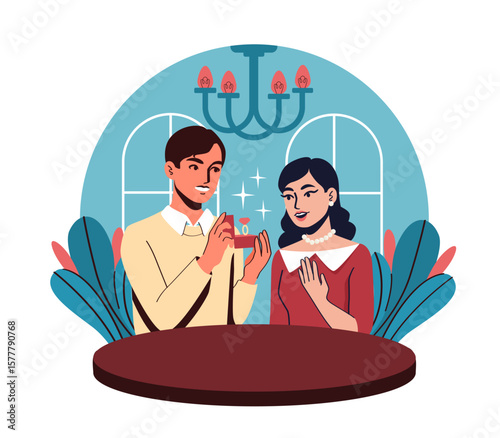 Man proposing to woman with ring box. Vector illustration