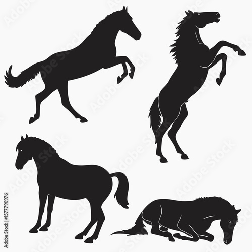 Four black horse silhouettes in various poses animal