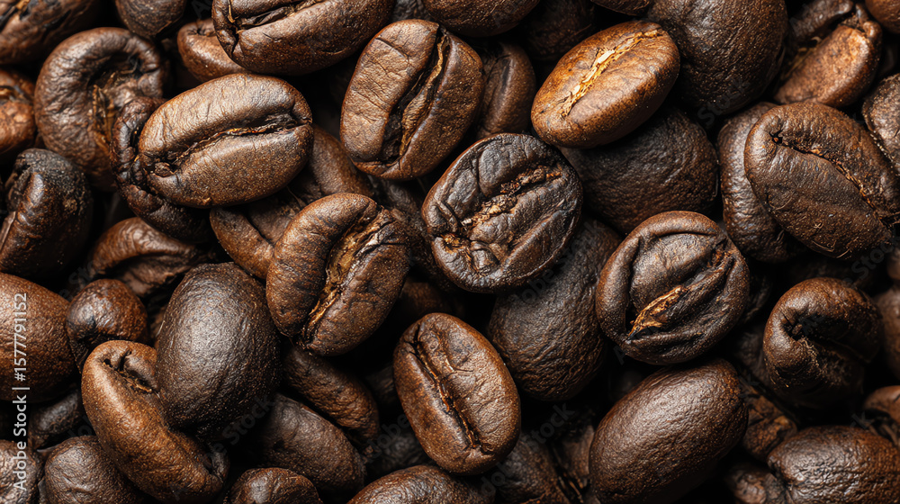 Fototapeta premium Close-up of rich, roasted coffee beans, showcasing their glossy surface and unique textures, perfect for coffee enthusiasts.