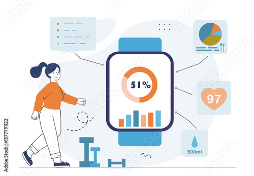 Woman tracking fitness data on smartwatch. Vector illustration