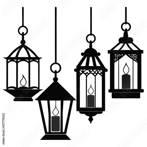 Four hanging lanterns with candles light silhouette