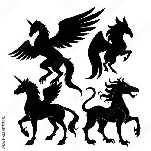 Four mythical creature silhouettes black unicorn pegasus