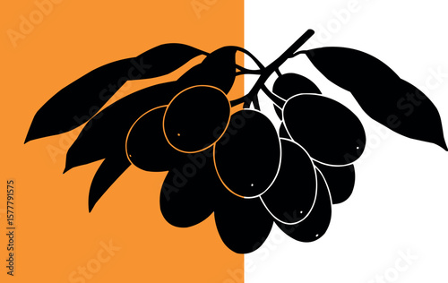 Stylized black and white olive branch illustration on orange and white background
