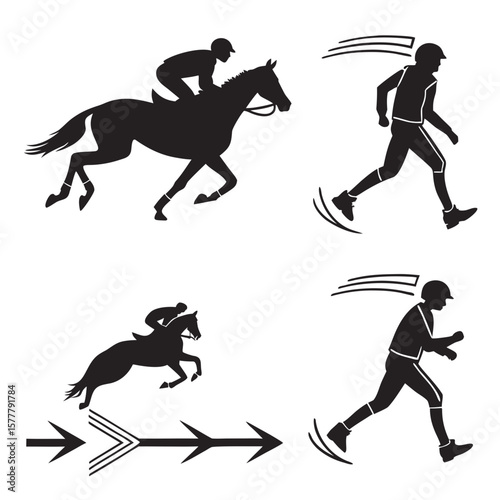 Horse rider and runner silhouettes jockey running
