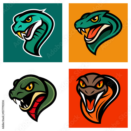 Four cobra snake head illustrations with different colors and background variations presented together