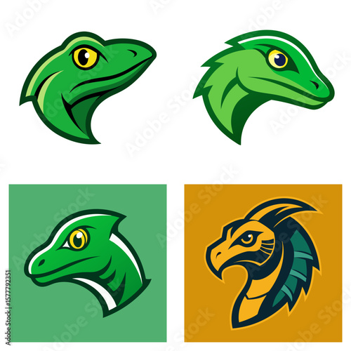 Four stylized reptile heads in varying shades of green and yellow on square backgrounds shown here