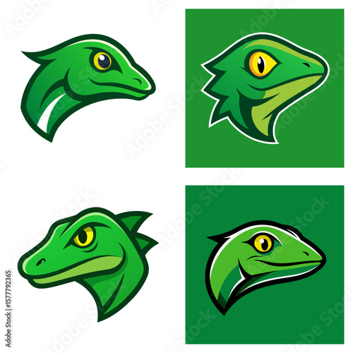 Four green lizard head illustrations with varying styles and backgrounds displayed together nicely