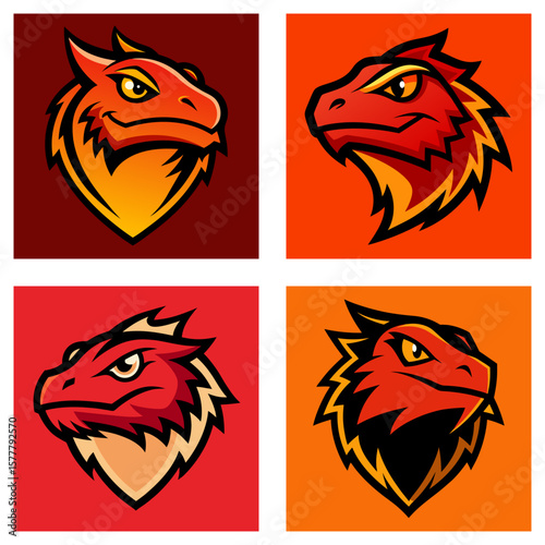 Four dragon head icons in square frames with varying color schemes and stylized cartoonish designs