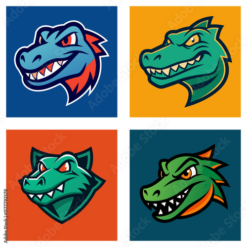 Four square panels displaying cartoon alligator heads with different color schemes and backgrounds