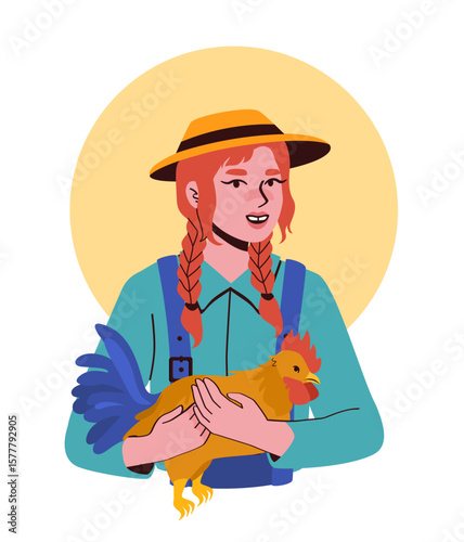 Girl holding chicken in farm outfit. Vector illustration