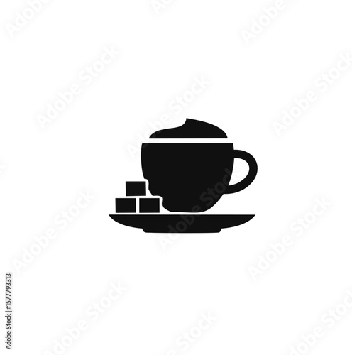 Black coffee cup with foam and sugar cubes saucer