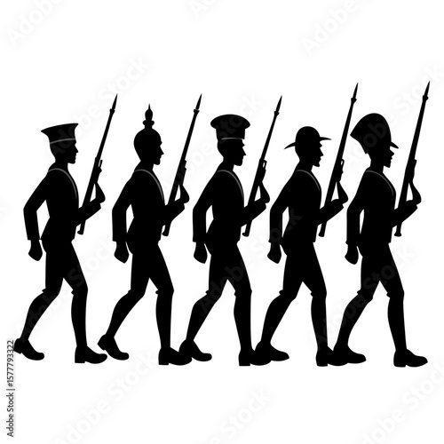 Marching soldiers silhouettes with rifles military