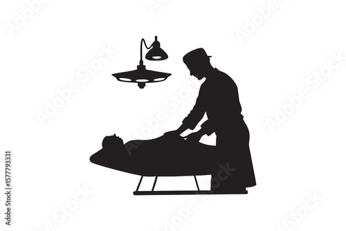 Silhouette Illustration of a Doctor Examining a Patient Under Surgical Lights in a Hospital Depicting Medical Care and Healthcare Procedures