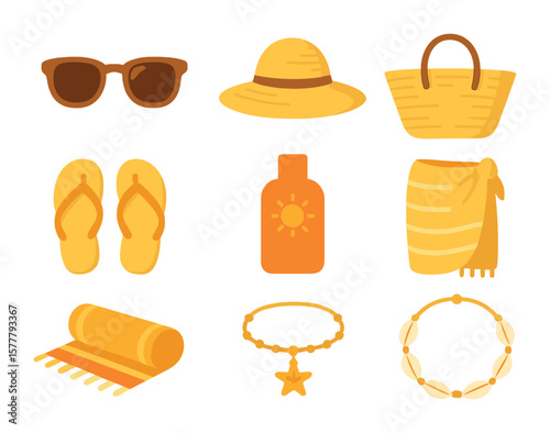 Summer Fashion Icons. Flat icon set of summer fashion accessories: sunglasses, straw hat, beach bag,
