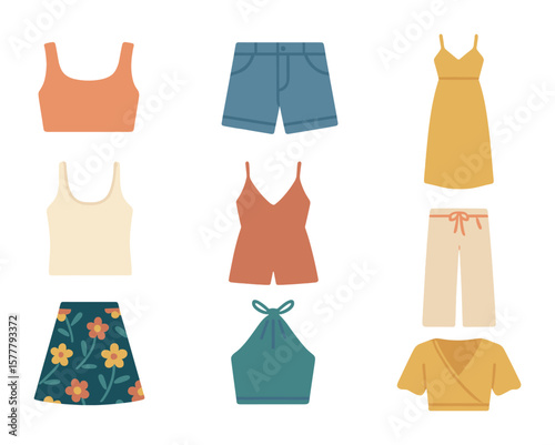 Summer Clothing Icons. Flat icon set of trendy summer clothes: crop top, denim shorts, maxi dress, tank top,