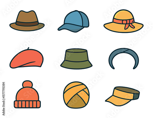 Fashion Headwear Icons. Flat icon set of fashion headwear: fedora, baseball cap, sun hat, beret, bucket hat,