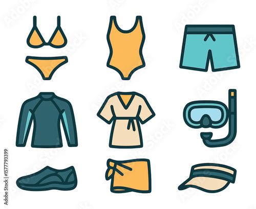 Beachwear Essentials Icons. Flat icon set of beachwear essentials: bikini, one-piece swimsuit, swim trunks,