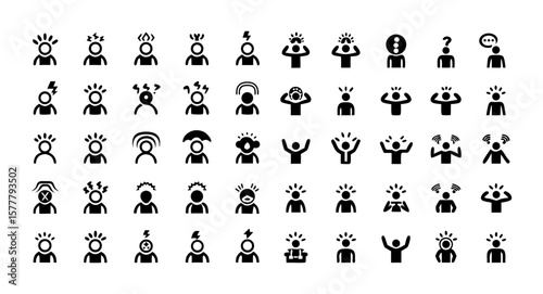 Overwhelmed and Stressful Situations Line Icon Set – Thin Linear Vector Pictograms of Mental Strain, Confusion, Emotional Pressure, Anxiety, Digital Distraction, and Multitasking