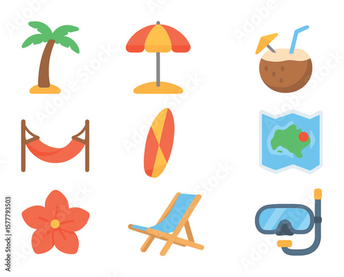 Tropical Vacation Icons. Flat icon set of tropical vacation ads: palm tree, beach umbrella, coconut drink,