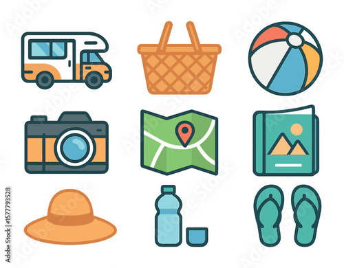 Family Vacation Icons. Flat icon set of family vacation promotions: RV camper, picnic basket, beach ball,