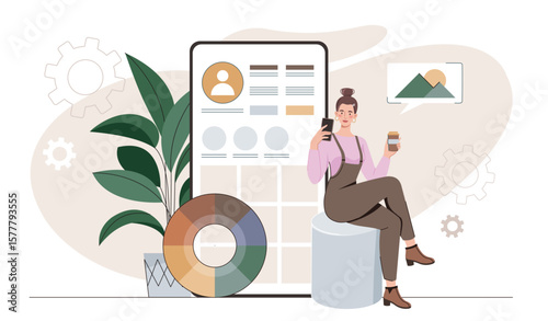 Creative designer with phone and coffee. Vector illustration
