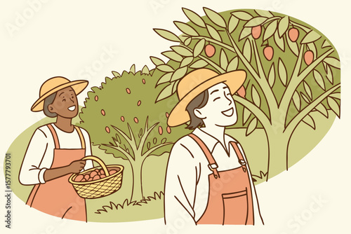 Smiling almond farmers in orchard, representing fresh local harvest and agriculture pride.