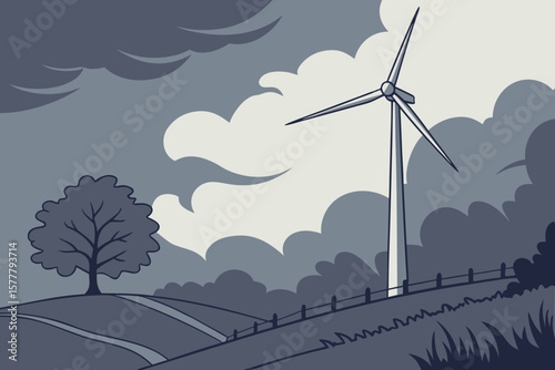 Wind turbine glowing at dusk under dramatic cloudy skies, perfect for clean energy promotion.