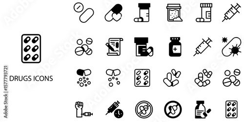Drugs simple concept 24 color icons set .Vector illustration.