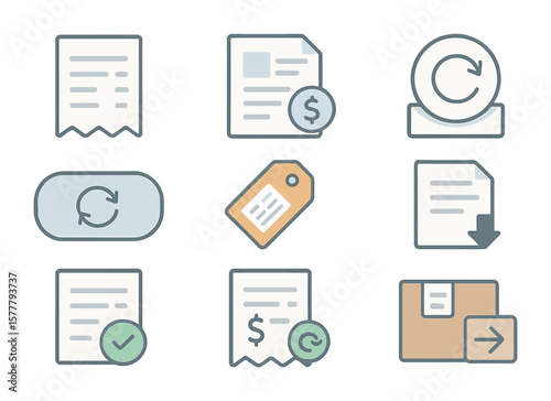 Digital Order Icons. Flat icon set of digital receipts and orders: receipt icon, invoice, order history,