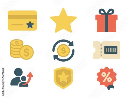 Shopping Rewards Icons. Flat icon set of shopping rewards and points: loyalty card, reward star, gift box,