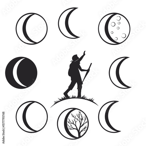 Moon phases and hiker silhouette crescent moon full moon